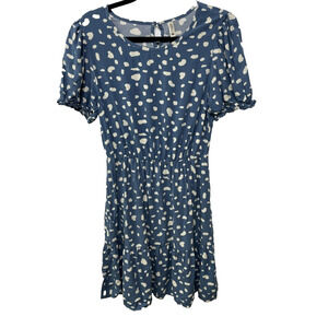 GRECERELLE Blue Polkadot Print Short Sleeve Midi Dress Boho Cottagecore Summer M